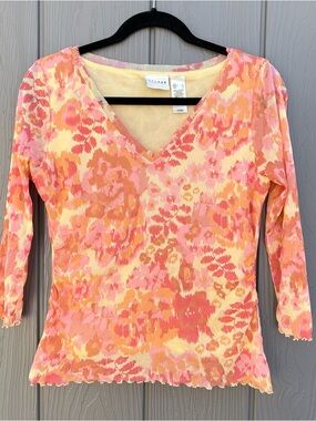 Vintage Y2K Axcess By Liz Claiborne 3/4 Sleeve Blouse Top Pink Orange Sheer Mesh